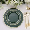 10 Pack | 10" Hunter Emerald Green Plastic Dinner Plates Disposable Tableware Round With Gold Scalloped Rim