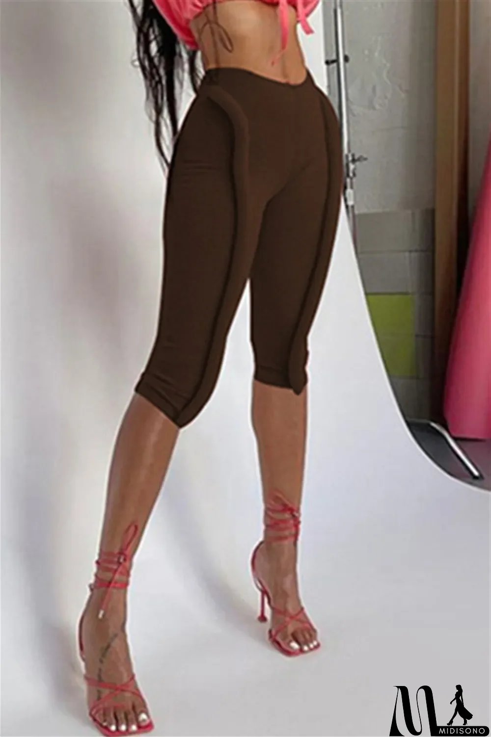 MidiSono - Coffee Fashion Casual Solid Basic Skinny High Waist Pants