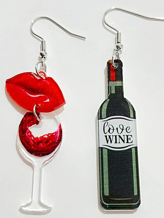 Women's Funny Lips Red Wine Bottle Heels Earrings