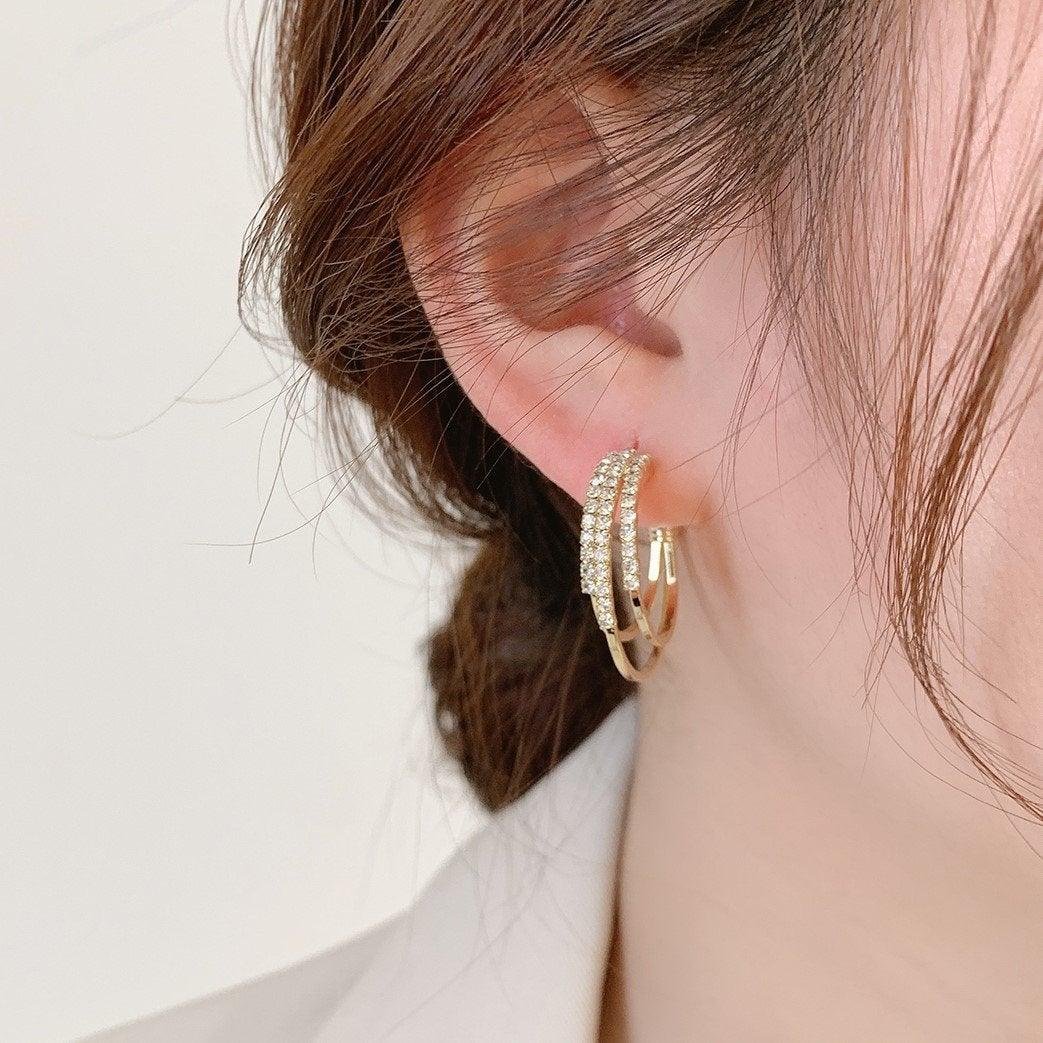 Shiny Diamonds Circle Three-layer Earrings C-shaped Earrings