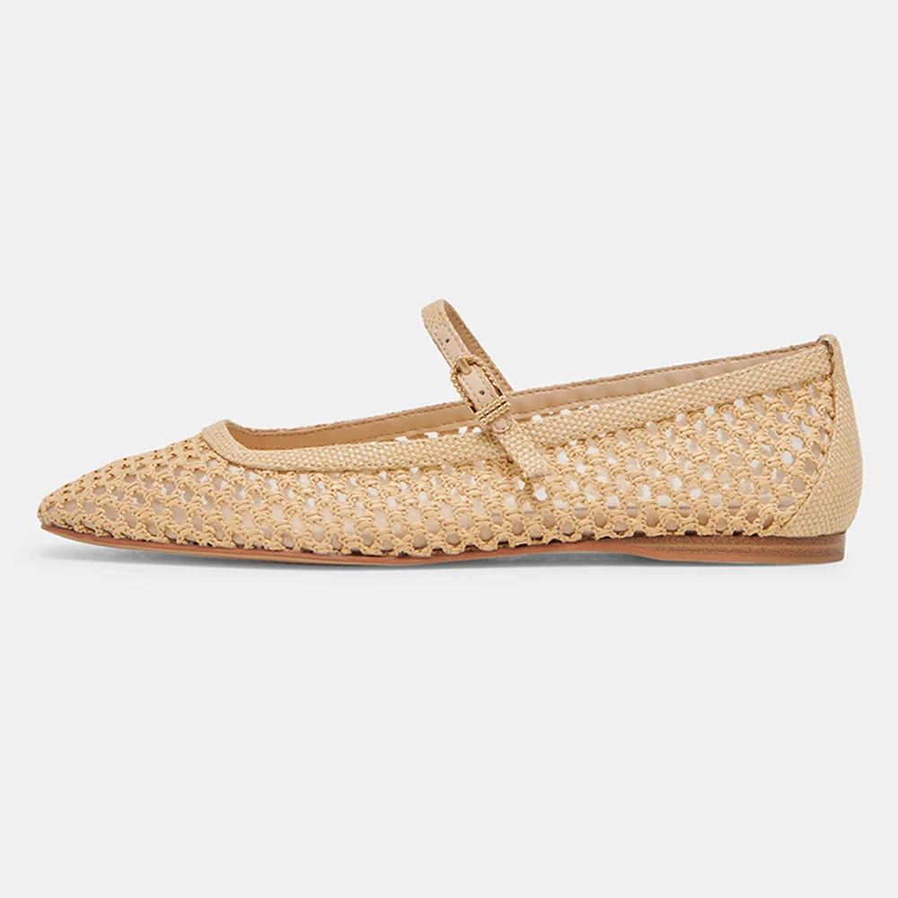 Beige Raffia Square Toe Woven Cut-Out Flat Shoes for Women