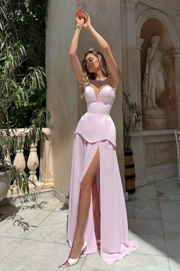 Strapless Sleeveless Long High Split Prom Dress With Pleated JQ0027