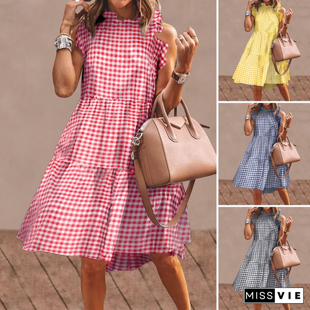 S-5XL Women Sleeveless Holiday Party Midi Dresses Summer Ruffled Cuff Vintage Plaid Tank Dress Sundress Kleid