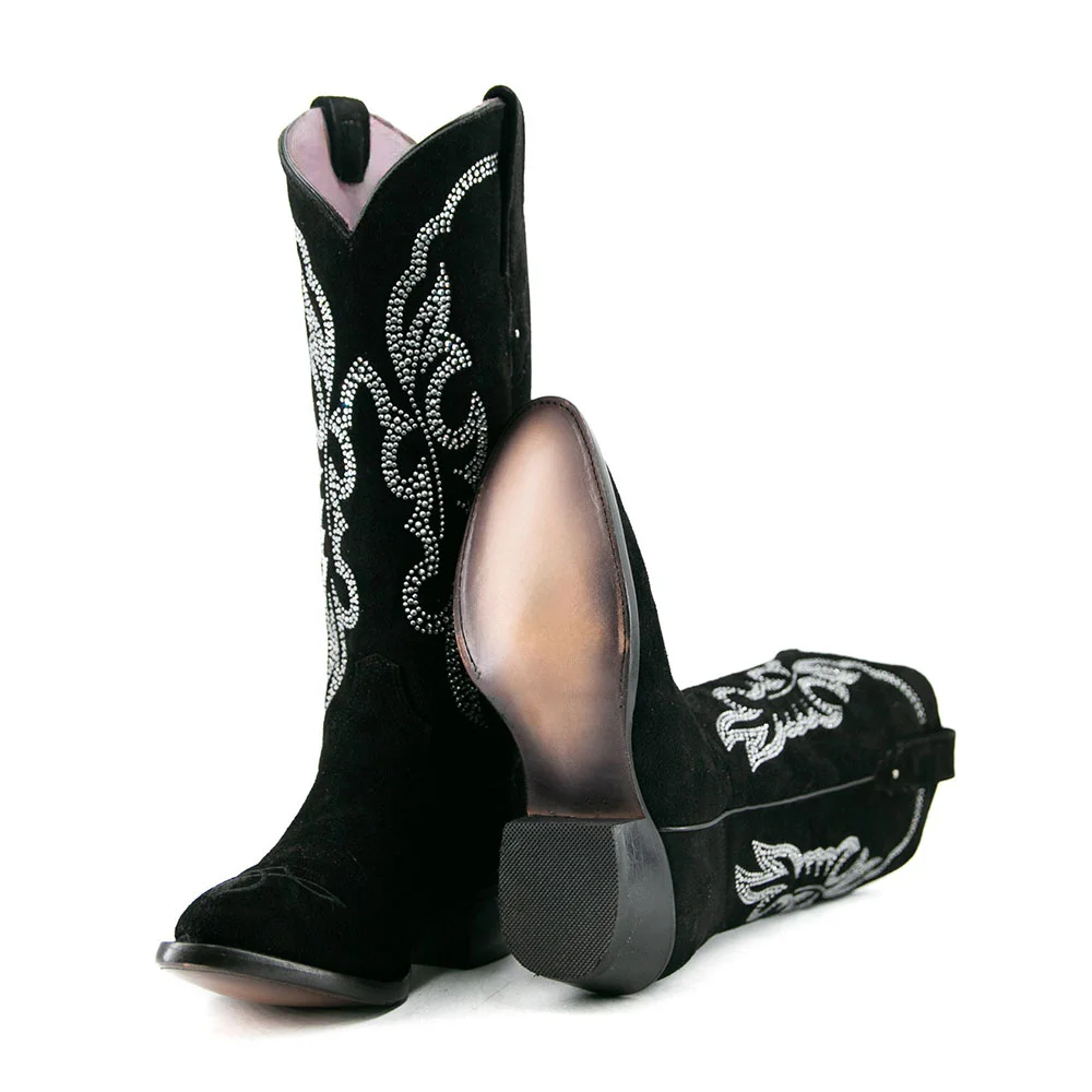 Black Vegan Suede Almond Toe Chunky Heel Rhinestone Tall Cowgirl Boots