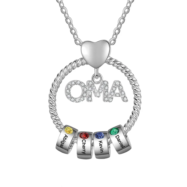 Personalisierte 4 Namen Gravur "OMA" Halskette mit 4 Geburtssteinen