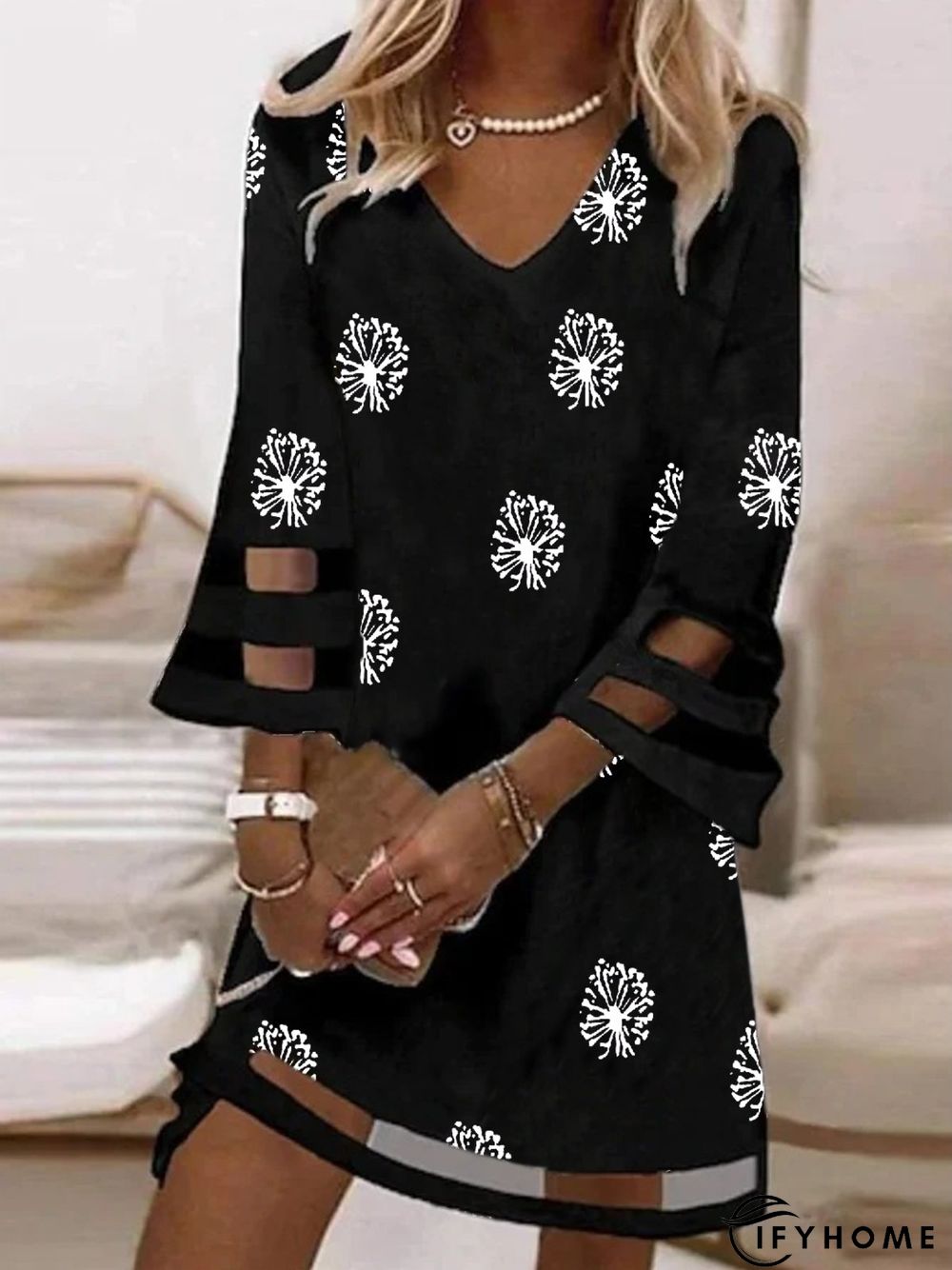 Casual V Neck Dandelion Loose Three Quarter Tunic Dress | IFYHOME