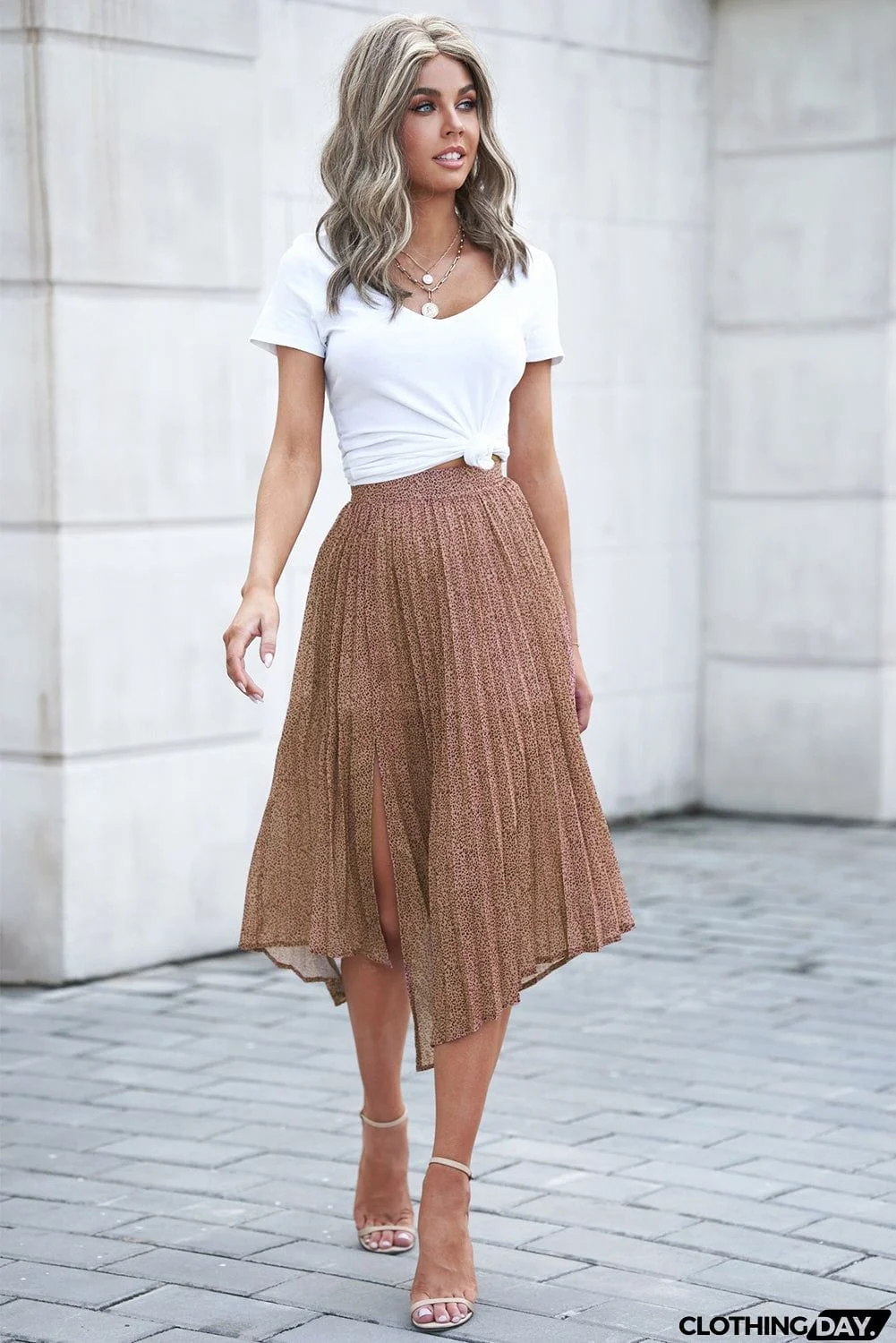 Fashion Print Side Slit Pleated Maxi Skirt