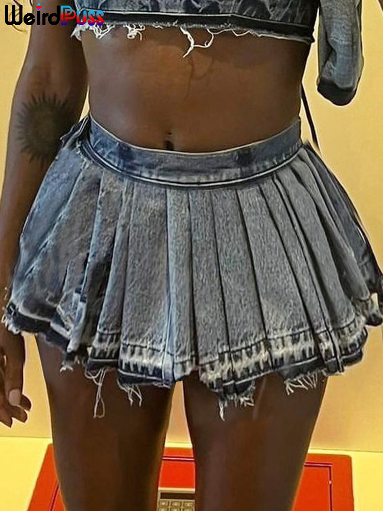 Weird Puss Pleated Mini Skirts Women Y2K Summer Trend Denim Vintage Tassel Wild Hipster Streetwear Casual A-Line Skirt Bottoms