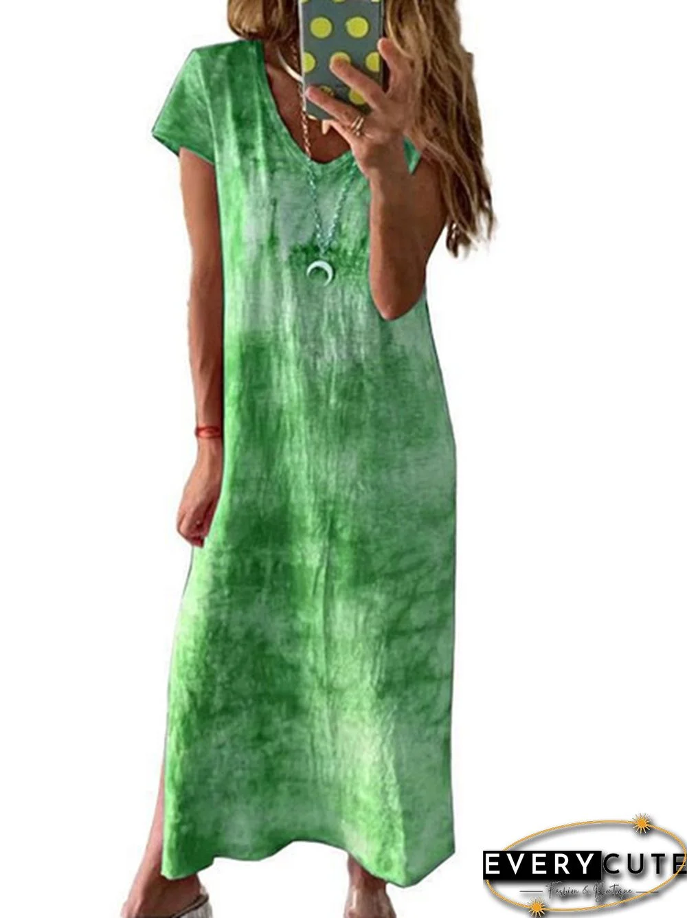 Summer Fashion Tie-Dye Short Sleeve Long Dress Loose V Neck  Maxi Dress
