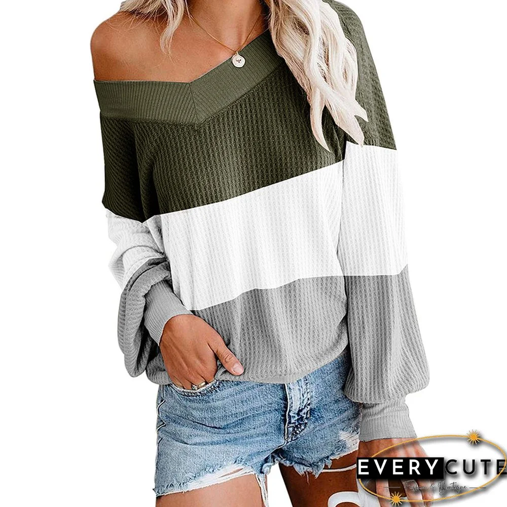 Army Green Color Block Off Shoulder Pullover Tops
