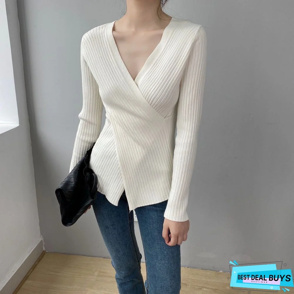 V-Neck Cross Long Sleeve Sweater For Women