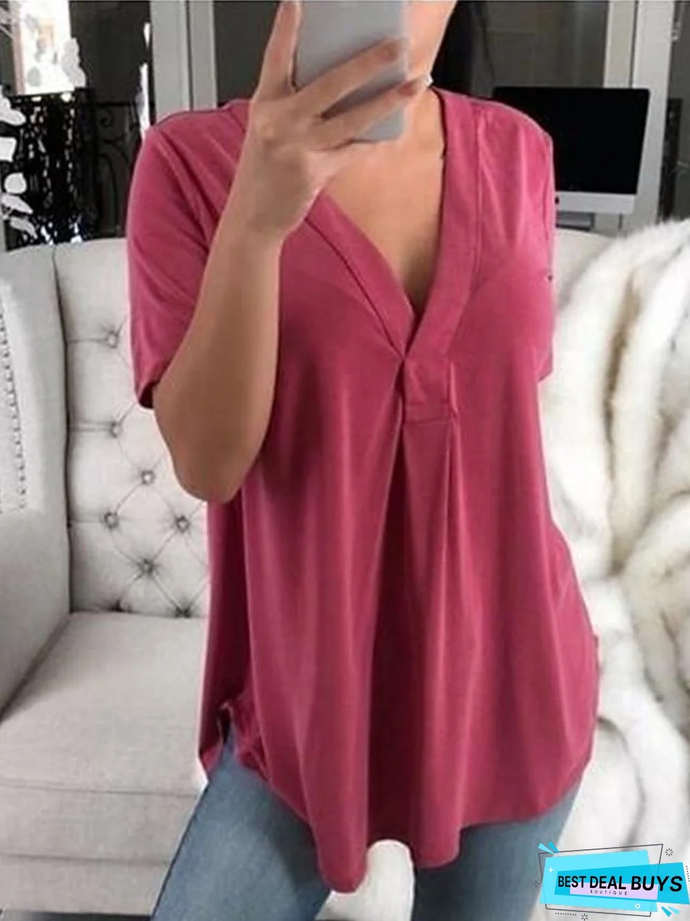 Women's T-Shirt Solid Colored Plain V Neck Tops Loose Basic Top White Black Purple-0203827