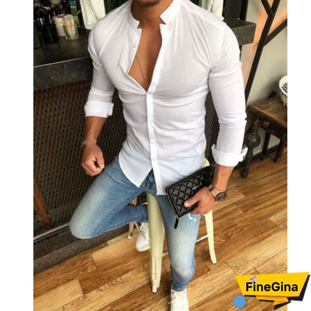 Men Long Sleeve Shirt Button Up Casual Top Male V-Neck Button Tee Shirts M-2XL