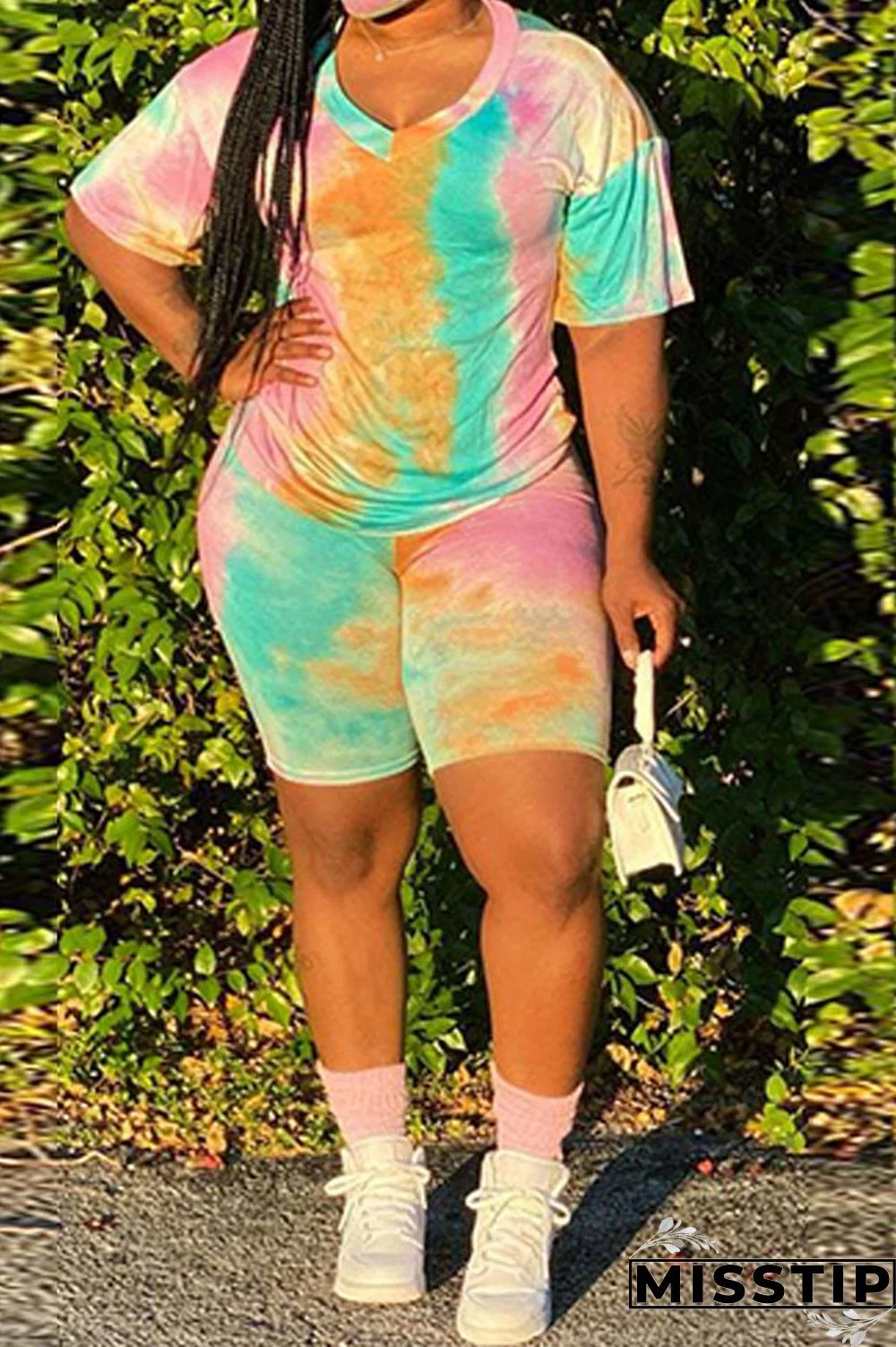 Orange Fashion Sweet O Neck Patchwork Print Tie Dye Two Piece Suits Stitching Plus Size