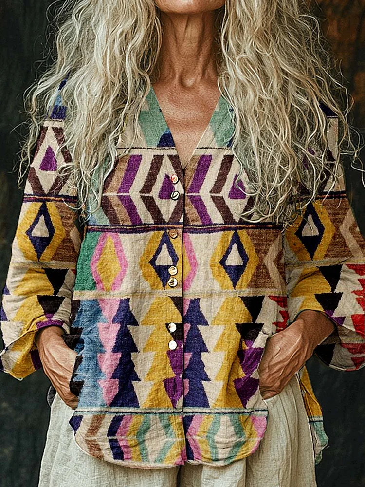 Women's Geometric Art Long Sleeve Comfortable Cotton and Linen Shirt