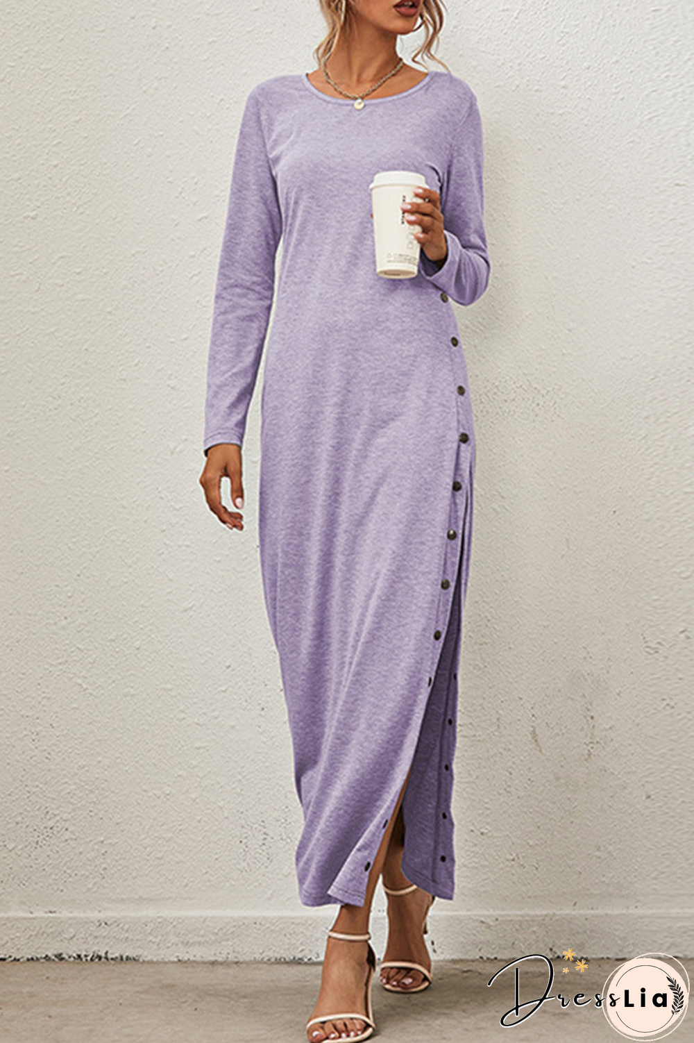 Solid Buckle Slit O Neck A Line Dresses(8 Colors)