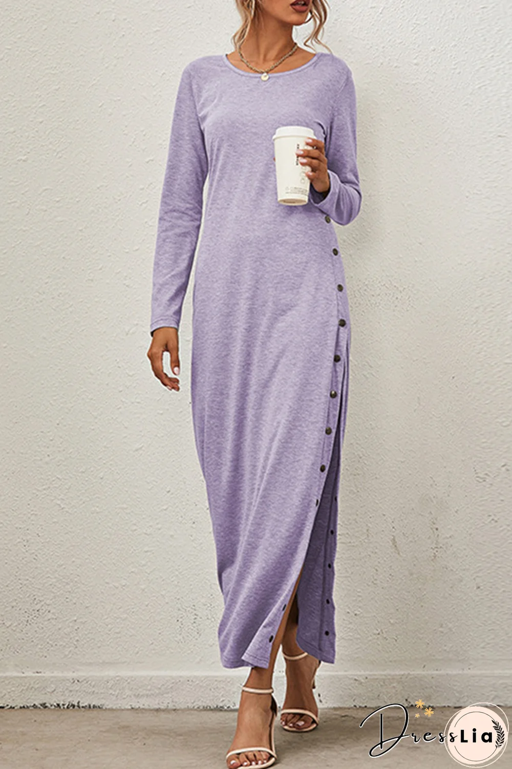 Solid Buckle Slit O Neck A Line Dresses(8 Colors)