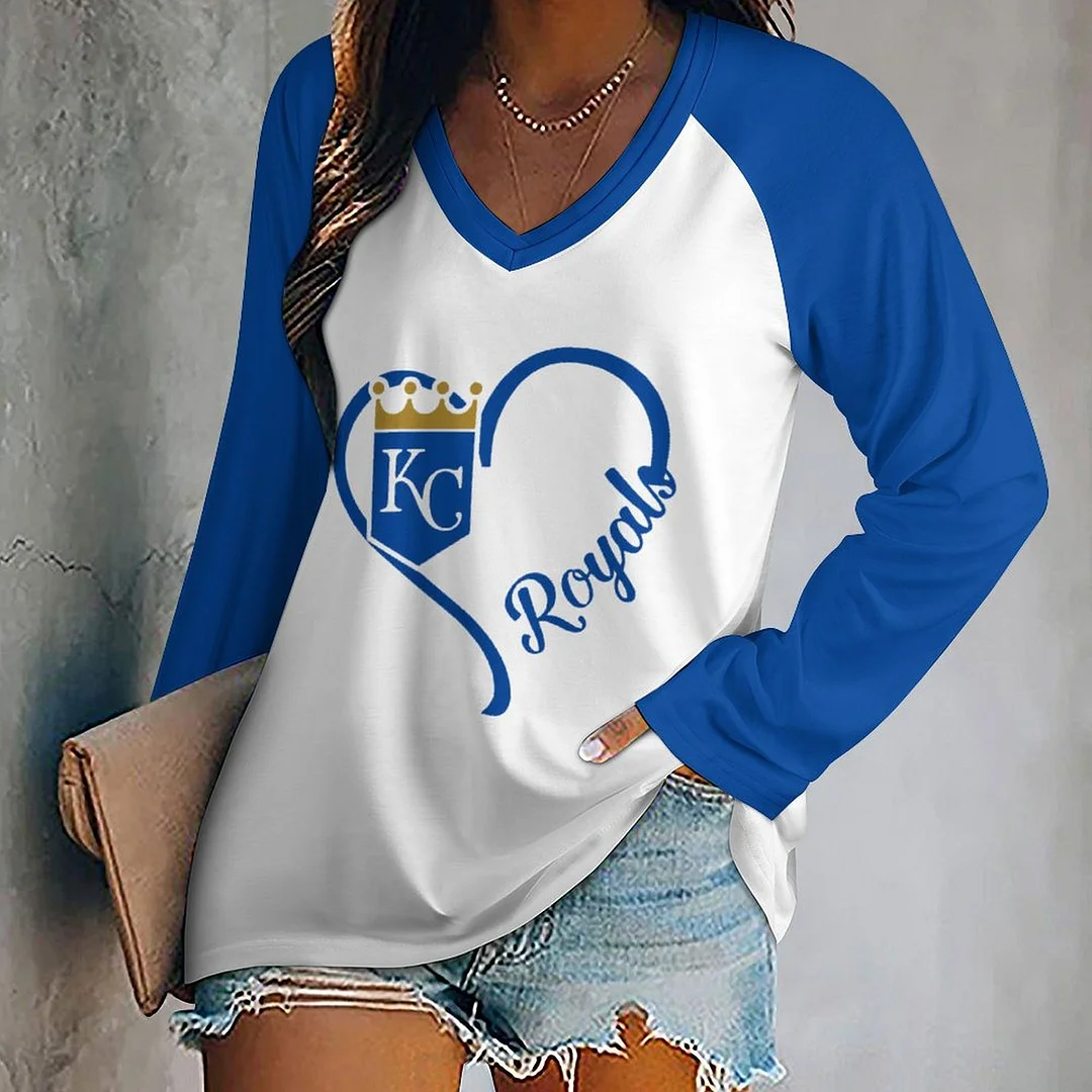 V-neck Long Sleeve Casual T-shirt for  Women and Men Printed with Pattern,Blue,Light Blue,Gold,White