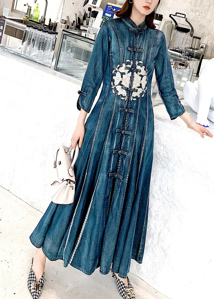 Chinese Style Blue Stand Collar Embroideried Patchwork Denim Dress Fall