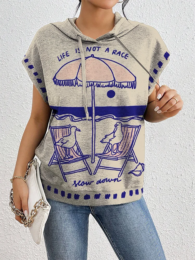 Women's Vacation Life Is Not A Race Print Hooded Tank Top