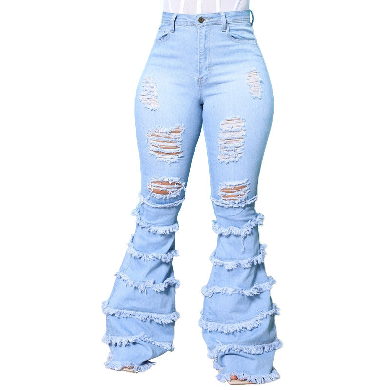 Plus Size Women Clothing Oversized Jeans Washing Water Ripped Tassel