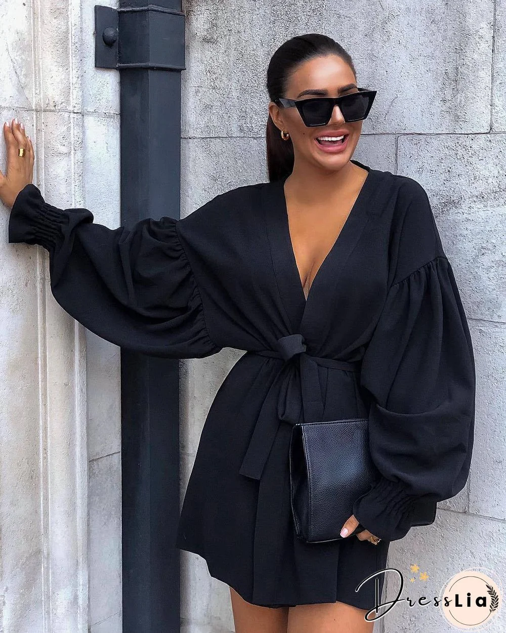 Bubble Long Sleeves V-Neck Mini Dress