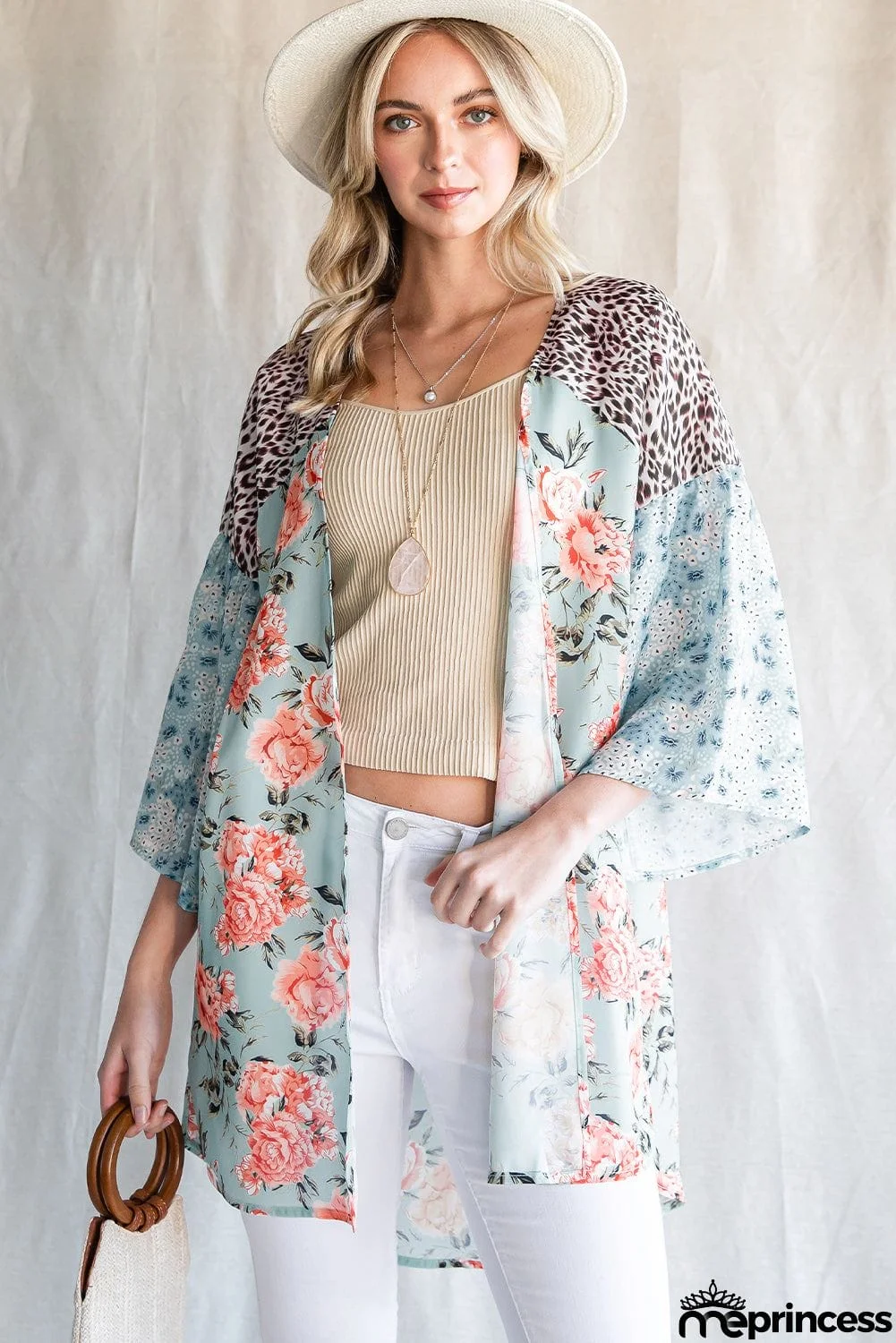 Animal Print Floral Three-Quarter Sleeve Cardigan
