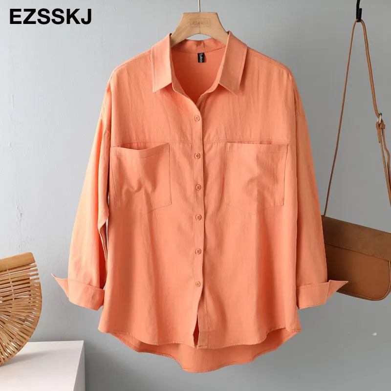 2021 new chic casual loose cotton blouse shirt women female white blouse shirt  spring summer women oversize shirt top