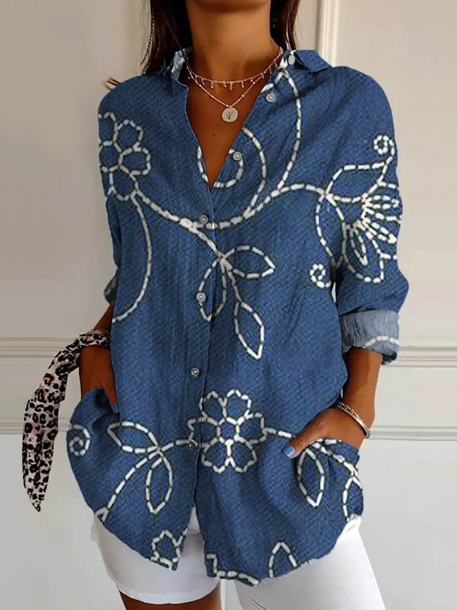Women's Ethnic Floral Art Print Casual Cotton Shirt