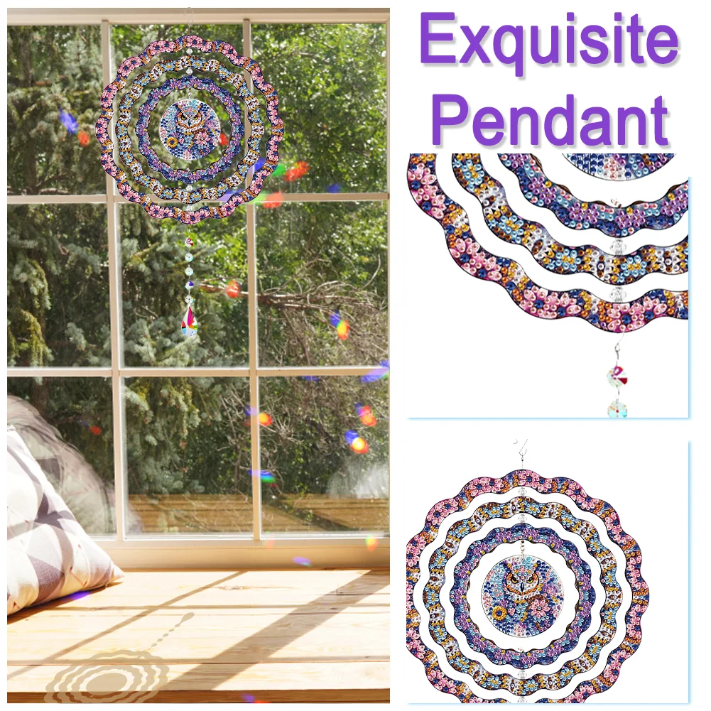 DIY Diamond Painting Rotating Wind Chime Diamond Art Hanging Pendant (Owl B)