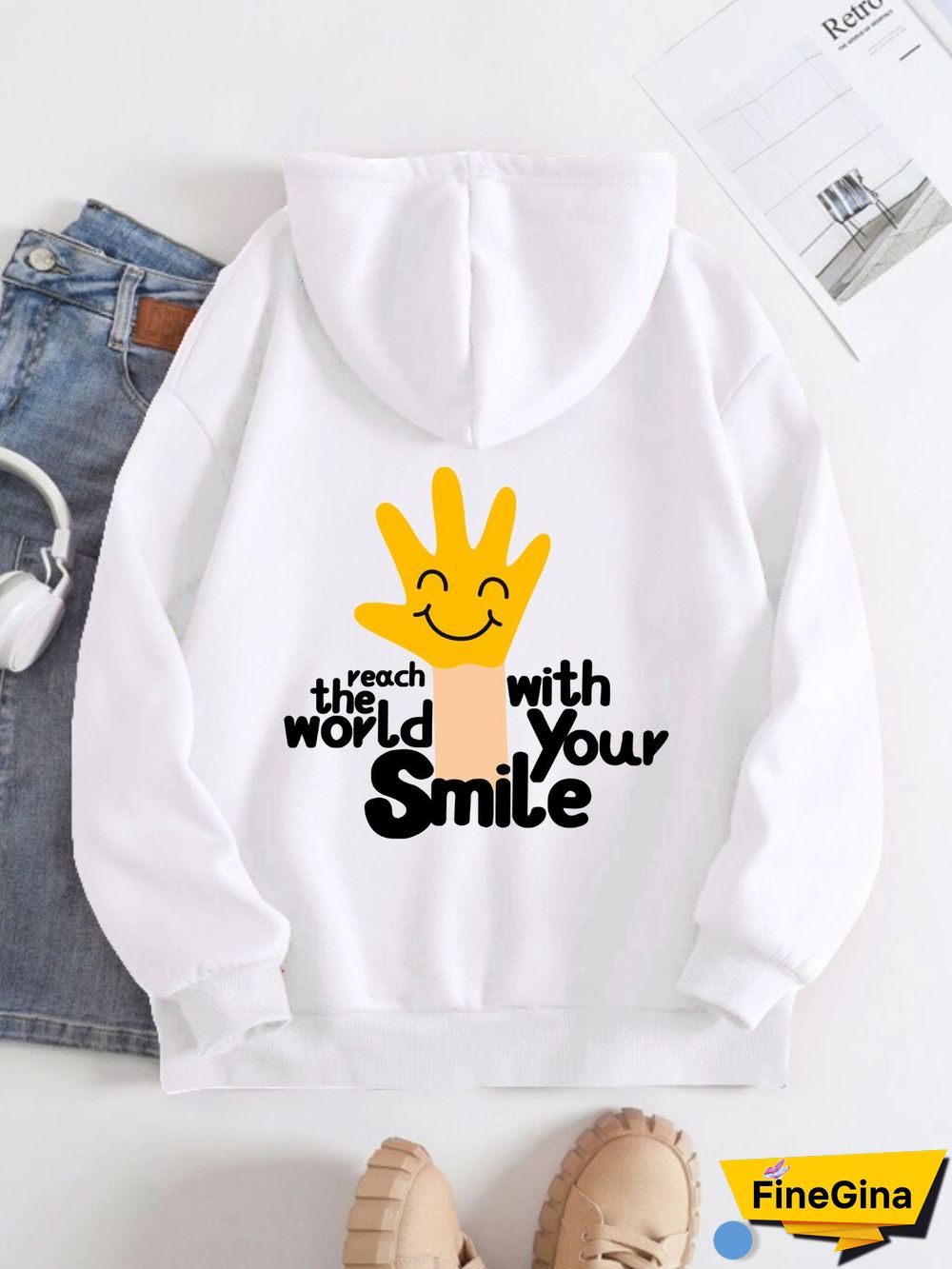 Printed on the Back Kangaroo Pocket Hoodie Long Sleeve for Women Pattern Touch the World with Your Smile