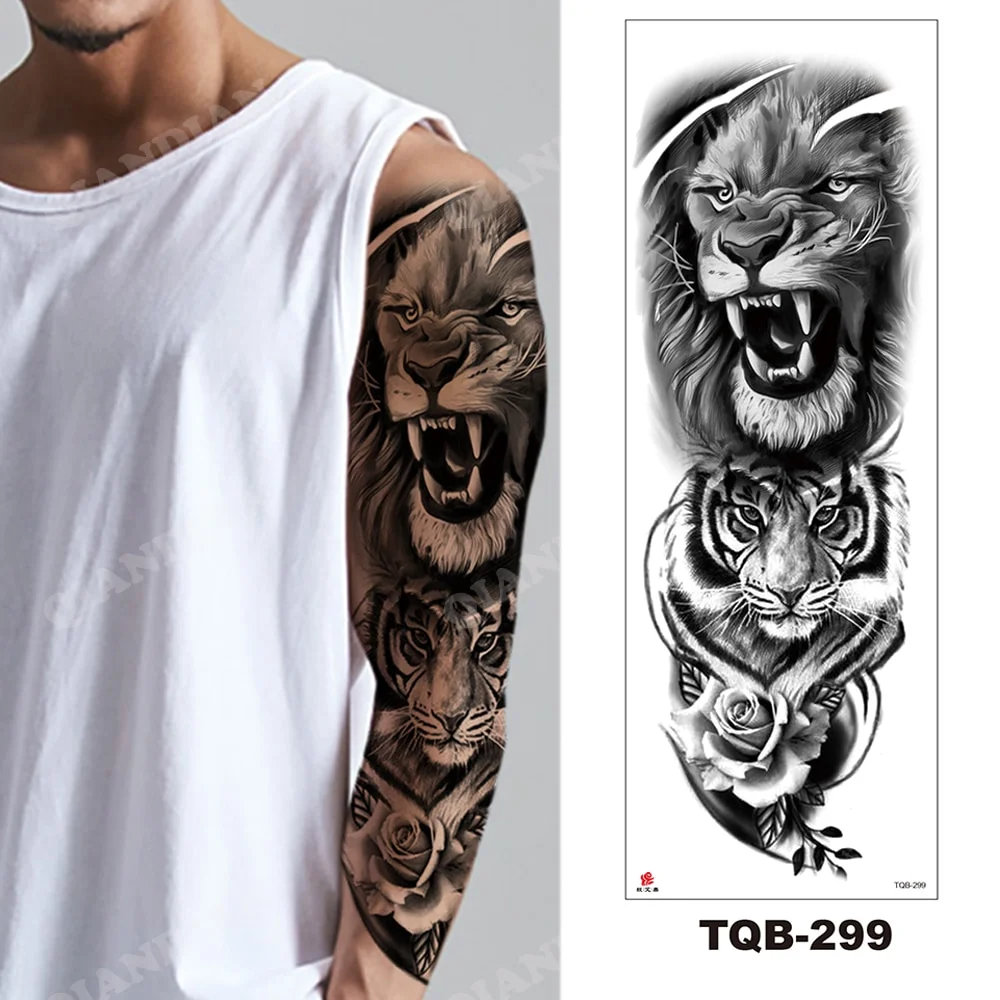 Sdrawing Arm Temporary Tattoo Wolf Lion Fish Horns Geometric Man Body Leg Rose Flower Phoenix Waterproof Sticker Cool Women Tatoo