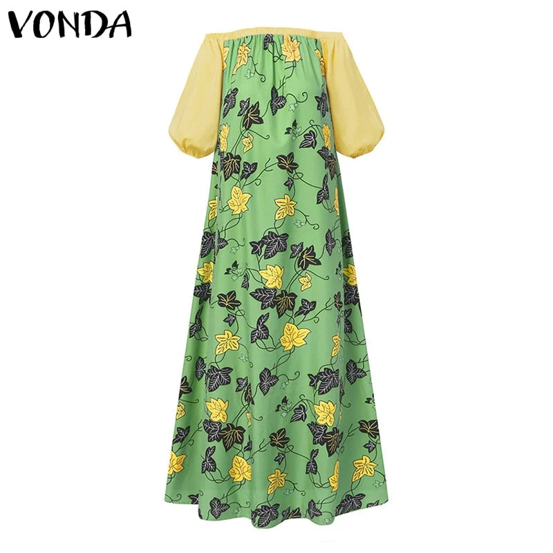 Bohemian Off Shoulder Dress 2022 VONDA Women Autumn Half Sleeve Holiday Dress Casual Loose Vintage Printed Maxi Vestidos