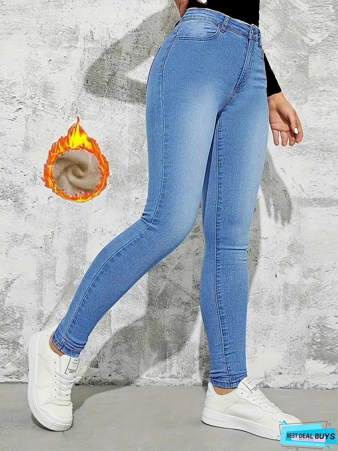 slim fit casual skinny jeans fleece liner high stretch keep warm tight womens denim