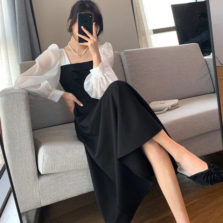 Summer Dresses For Women Casual 2021 Kawaii Fairy Clothes Long Sleeve Strap Midi Black Dress Lolita Harajuku Cottagecore Robe