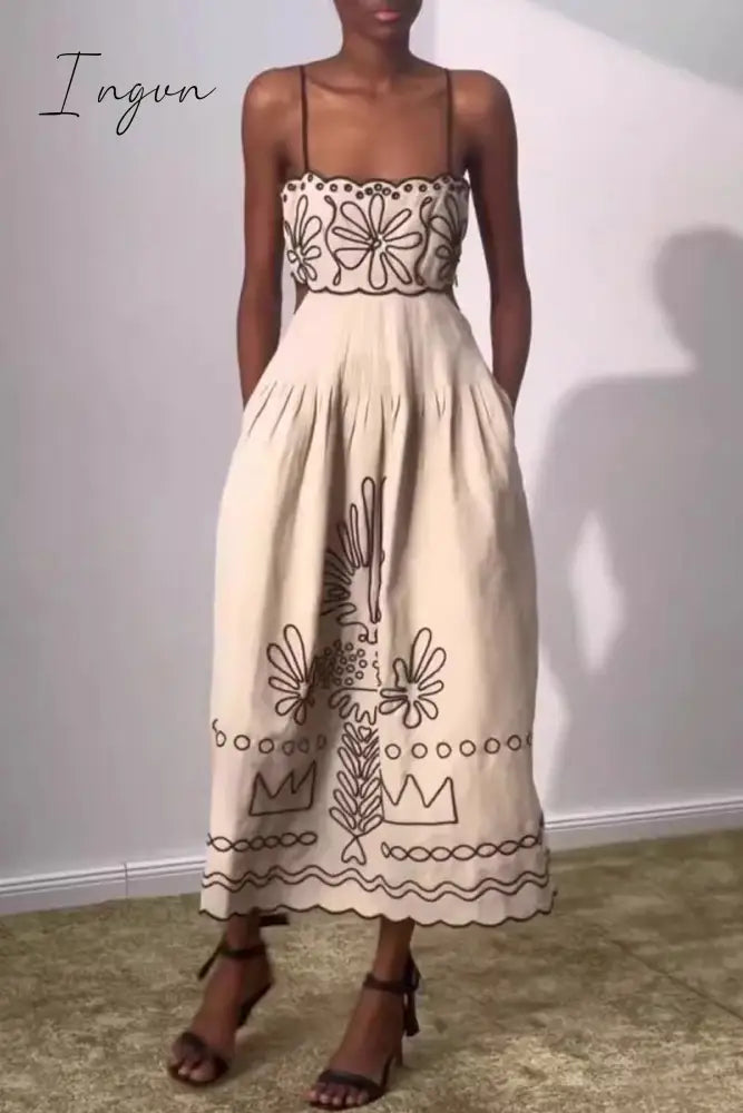 Casual Geometric Print Pocket Square Collar Sling Dresses Cream White / S Dresses/Casual