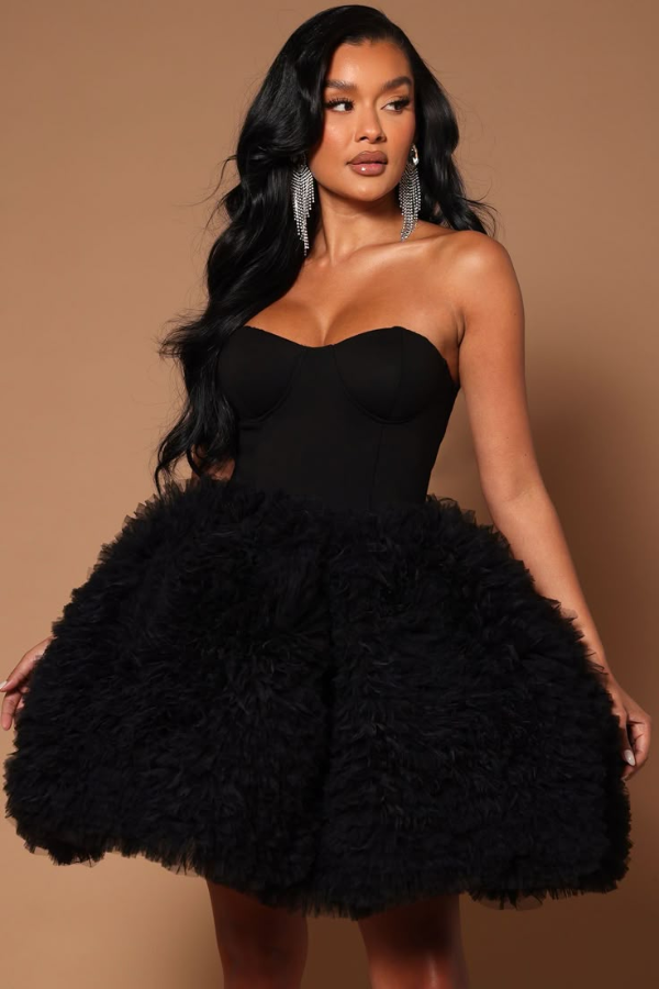 Ovlias Black Strapless Semi-Sweetheart Ruffle Homecoming Dress with sheer  HC0180