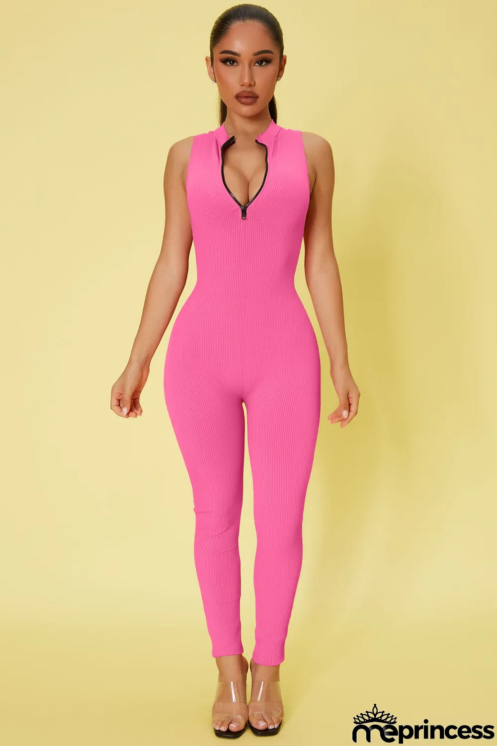 Women Spring Casual Ribbed Sleeveless Zip Jumpsuit