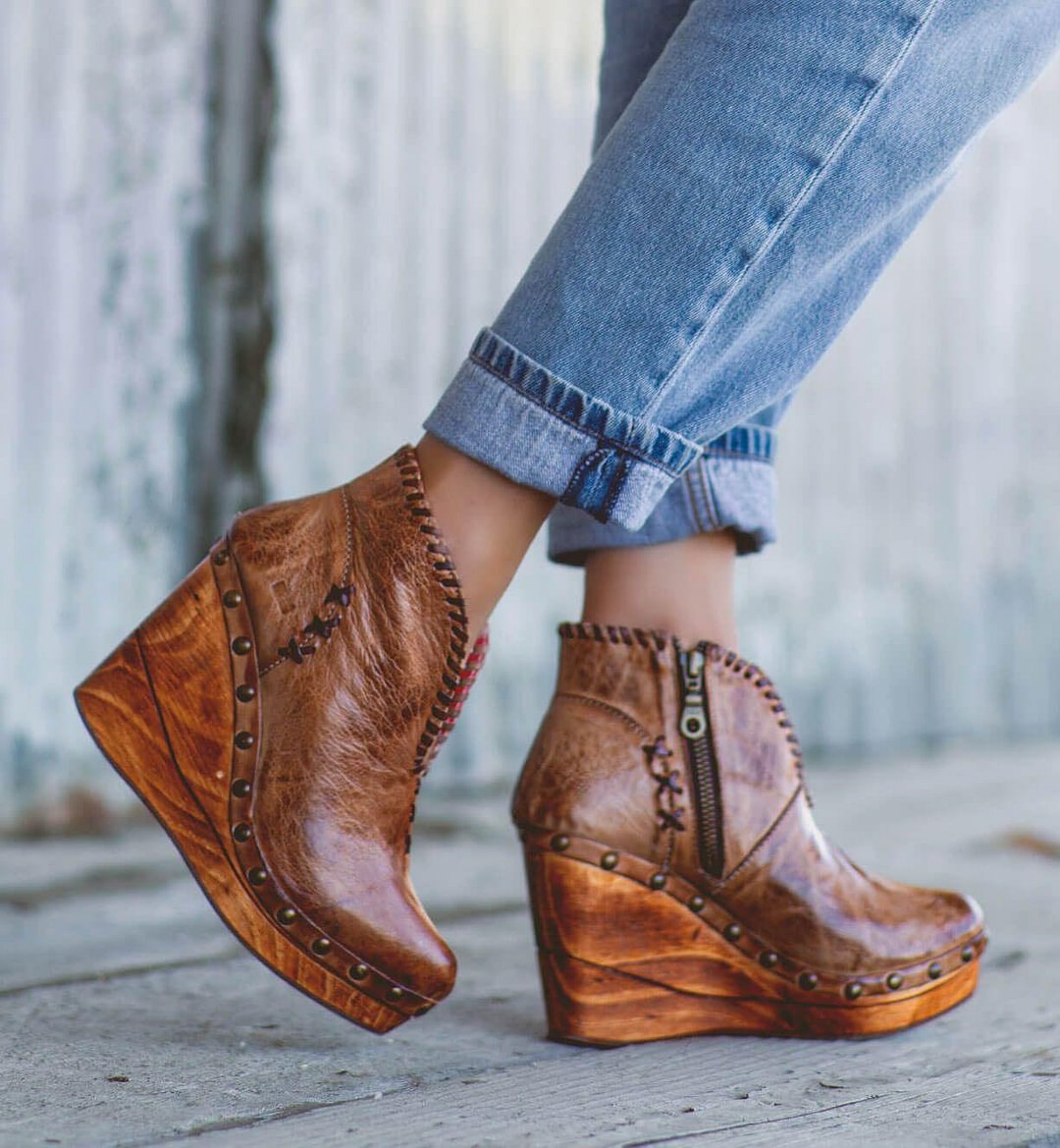 Bed Stu Women's Marina Tan Teak Rustic Wedge Ankle Booties F389007