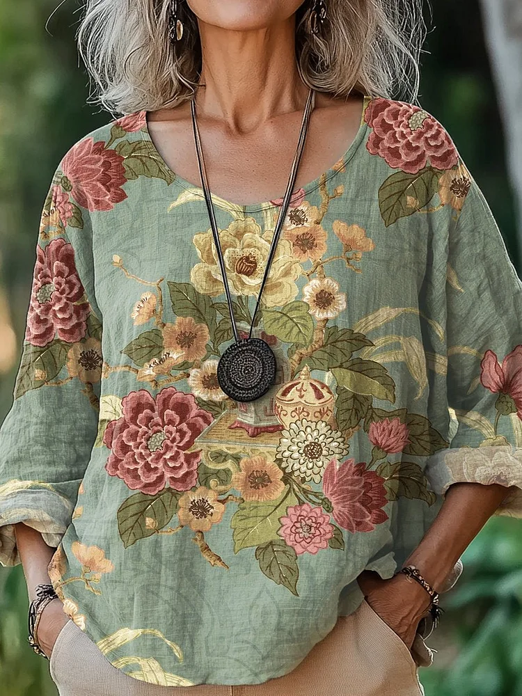 Women's  Flowers  Art  Print Casual Cotton And Linen Shirt