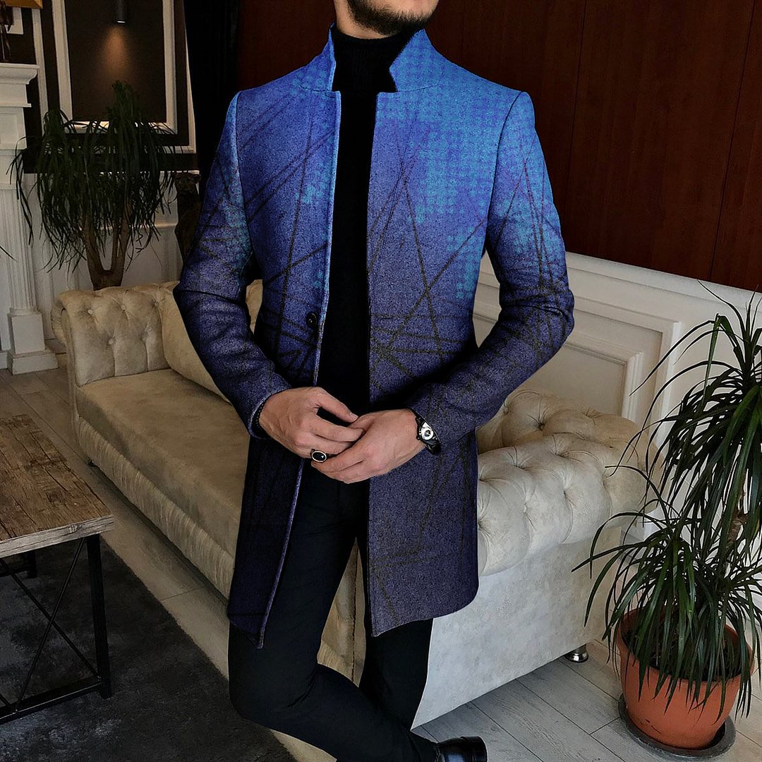 Men's Gradient Color Stand Up Collar Tweed Coat