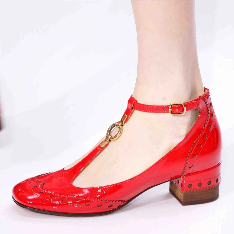 Red Wingtip Shoes Square Toe Block Heel T Strap Pumps for Women |FSJ Shoes