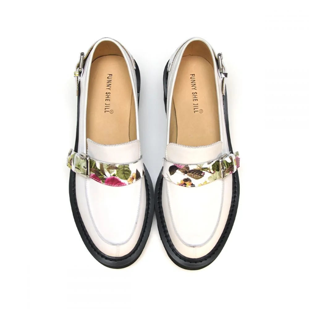 Comfortable Round Toe Loafers Floral Print Shoes With Platform