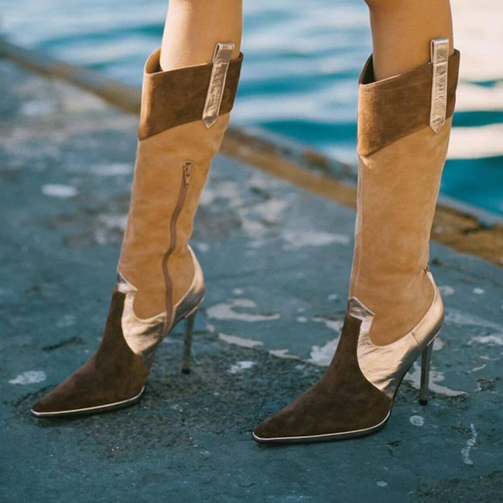 Brown Suede Boots Almond Toe Western Knee High Boots