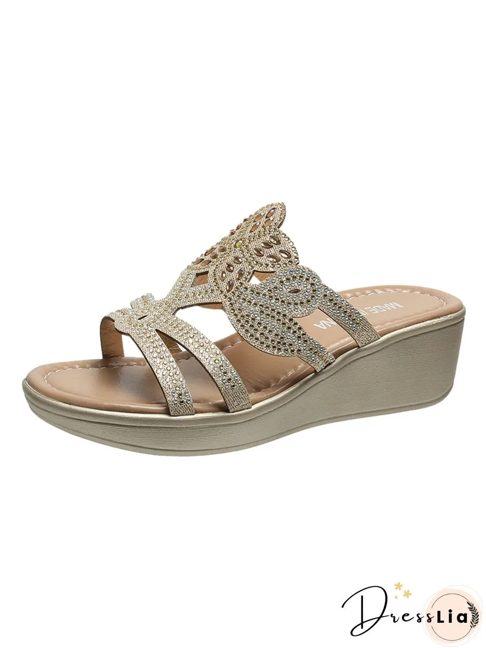 Rhinestone Floral Leaf Cutout Glitter Wedge Slippers