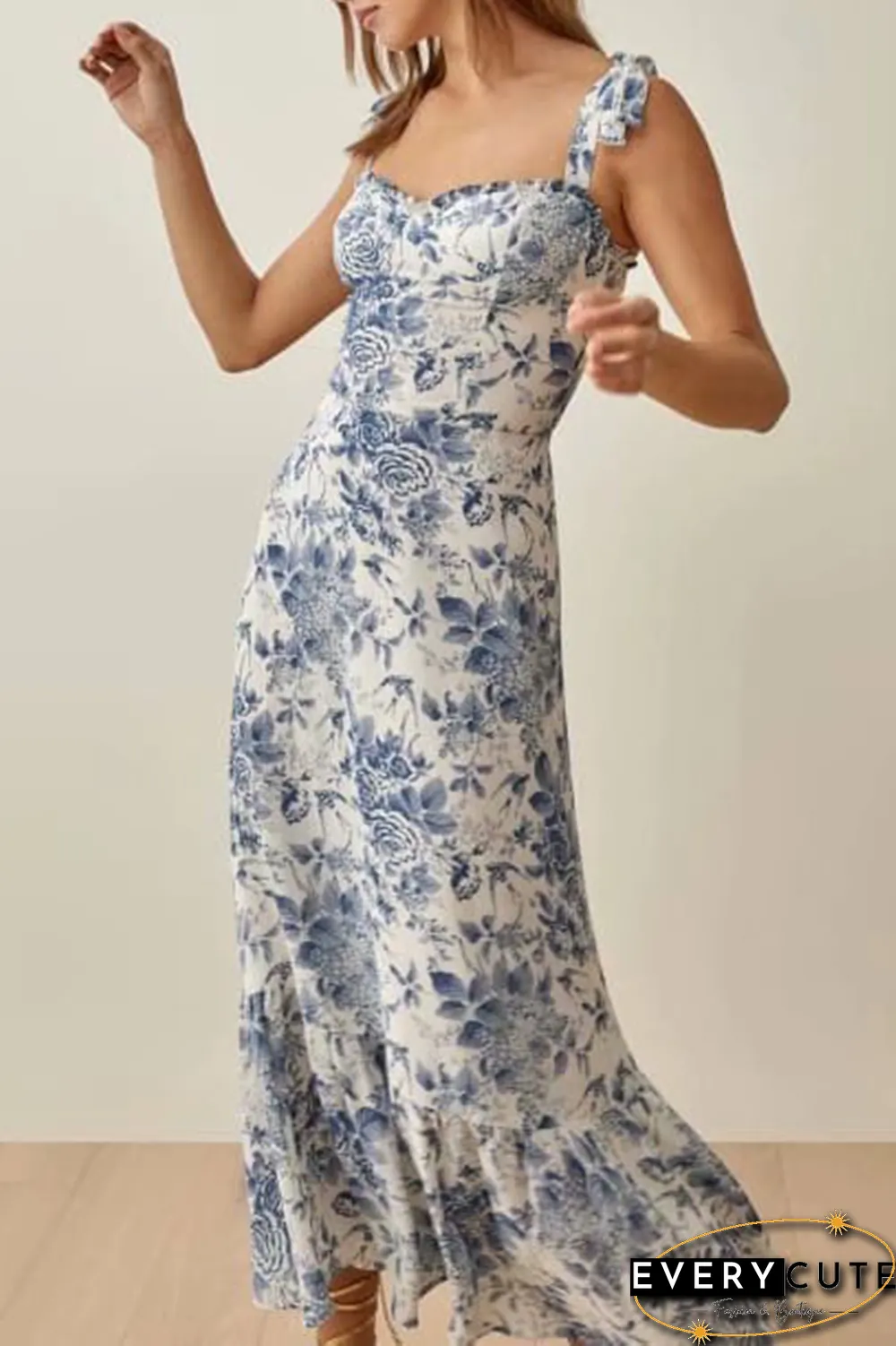 Casual Floral Flounce Strap Design Spaghetti Strap A Line Dresses