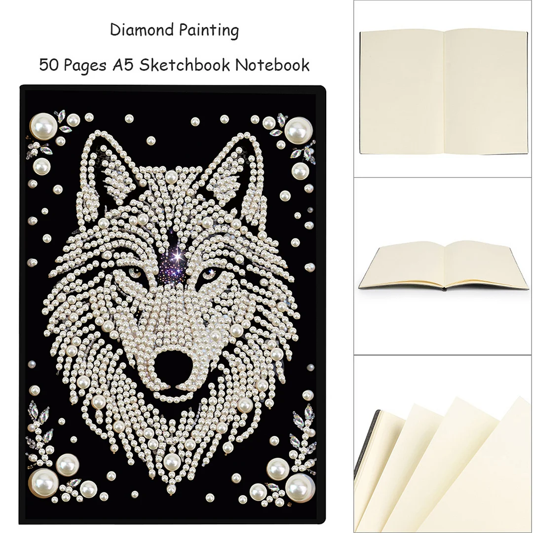 Wolves Partial Pearl DIY 50 Pages A5 Diamond Painting Notebook Special Shaped Diamond Art Diary Book Kits Wireless Strip 5D Crystal Art Paintings Sketchbook for Art Drawing