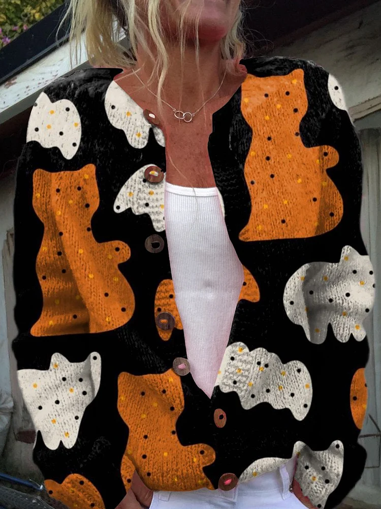Halloween Cookie Cat Print Buttoned Cardigan Sweater