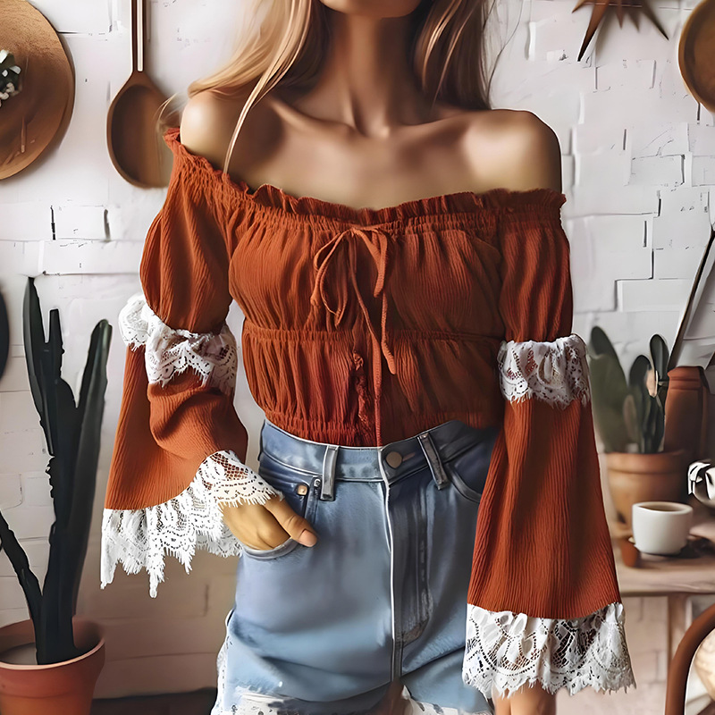 Cotton Off-Shoulder Lace Trim Top With Ruched Design For Women - Helixace