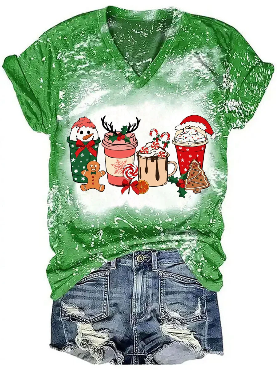 Christmas Coffee Tie Dye V-neck T-shirt